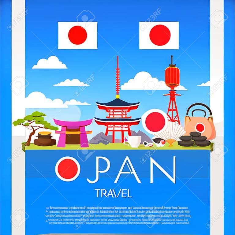 Volantino pubblicitario piatto da viaggio in Giappone con simboli culturali nazionali, punti di riferimento e illustrazione vettoriale del poster della composizione dei luoghi di interesse