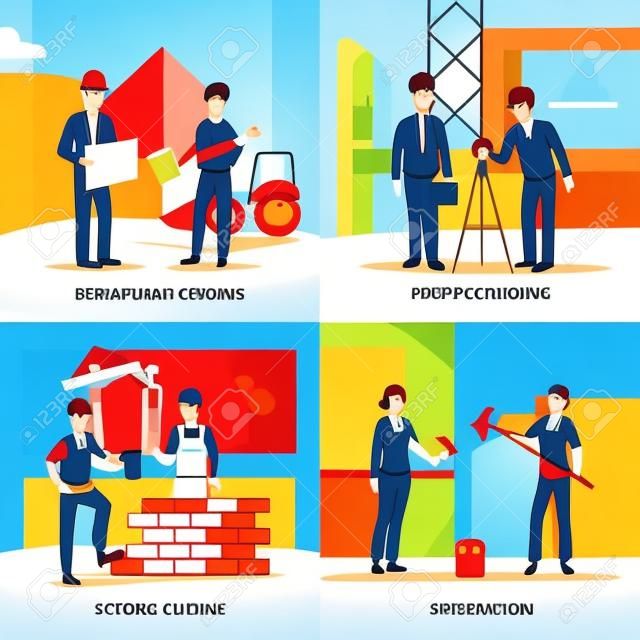 Building concept icons set with planning symbols flat isolated vector illustration