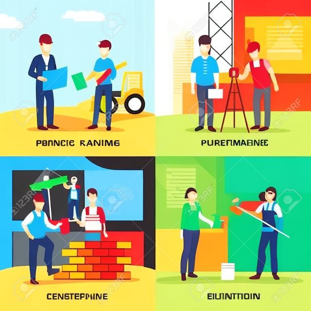 Building concept icons set with planning symbols flat isolated vector illustration