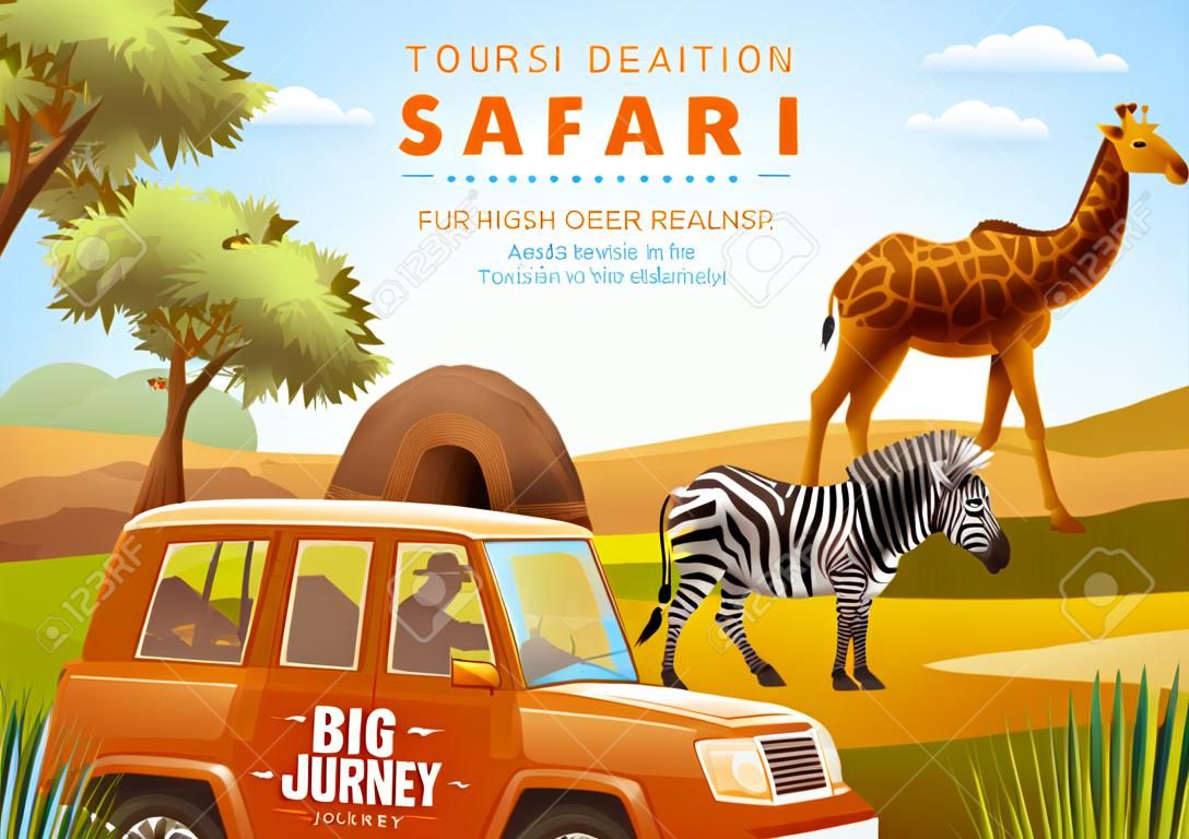 Safari colored poster with big journey headline and tourist with animals in his way vector illustration