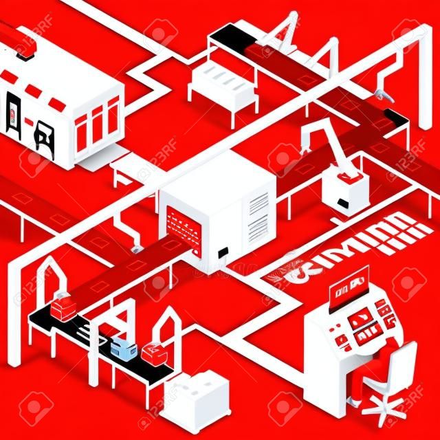 Conveyor line and operator isometric concept with machinery symbols on red background vector illustration