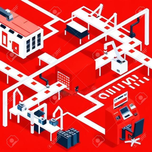 Conveyor line and operator isometric concept with machinery symbols on red background vector illustration