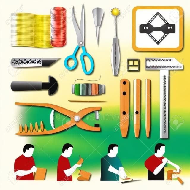 Skinner-Werkzeuge dekorative Symbole, die zum Anreißen, Schneiden, Nähen von Lederwaren verwendet werden, flache Vektorillustration