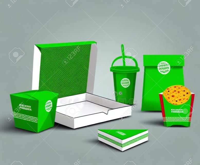 Fast food packaging corporate identity realistic templates samples set with vibrant green-white  pizza box vector illustration