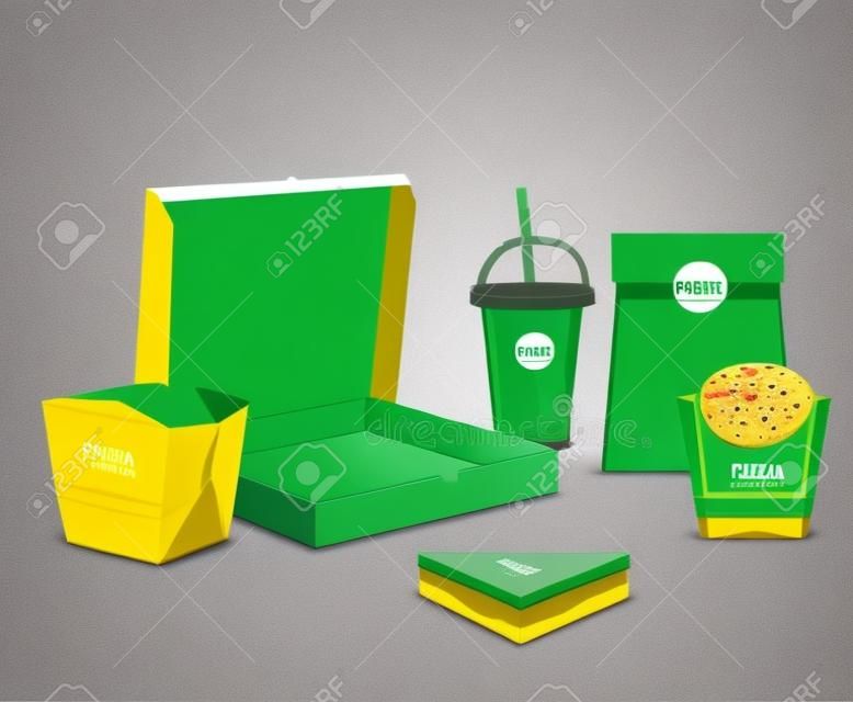 Fast food packaging corporate identity realistic templates samples set with vibrant green-white  pizza box vector illustration