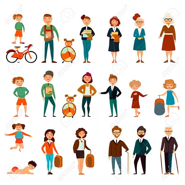 Human life cycle male and female set with childhood, school time, maturity and aging isolated vector illustration