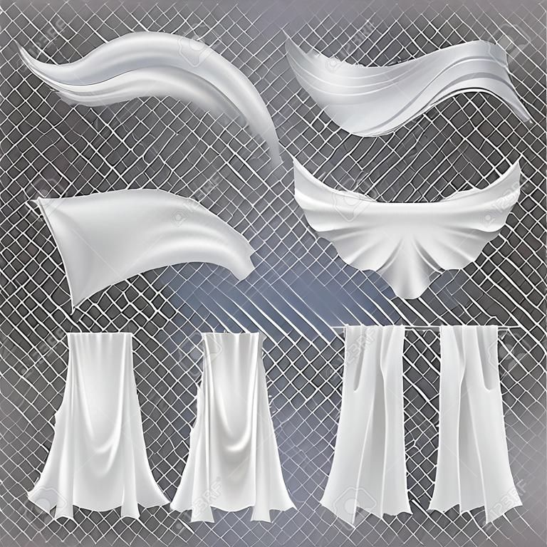 Set of realistic fluttering white cloths, soft lightweight clear material isolated on transparent background vector illustration