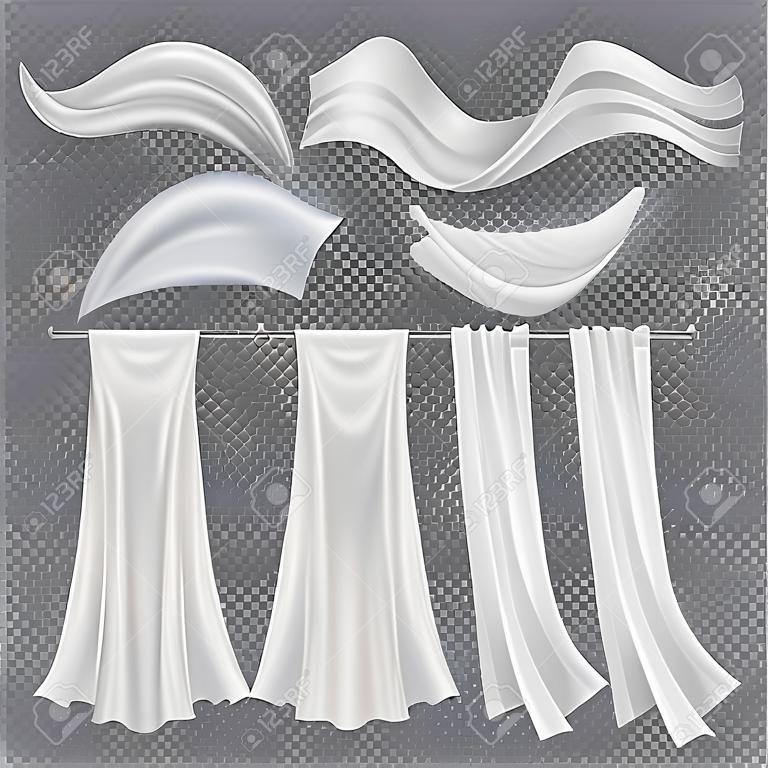 Set of realistic fluttering white cloths, soft lightweight clear material isolated on transparent background vector illustration