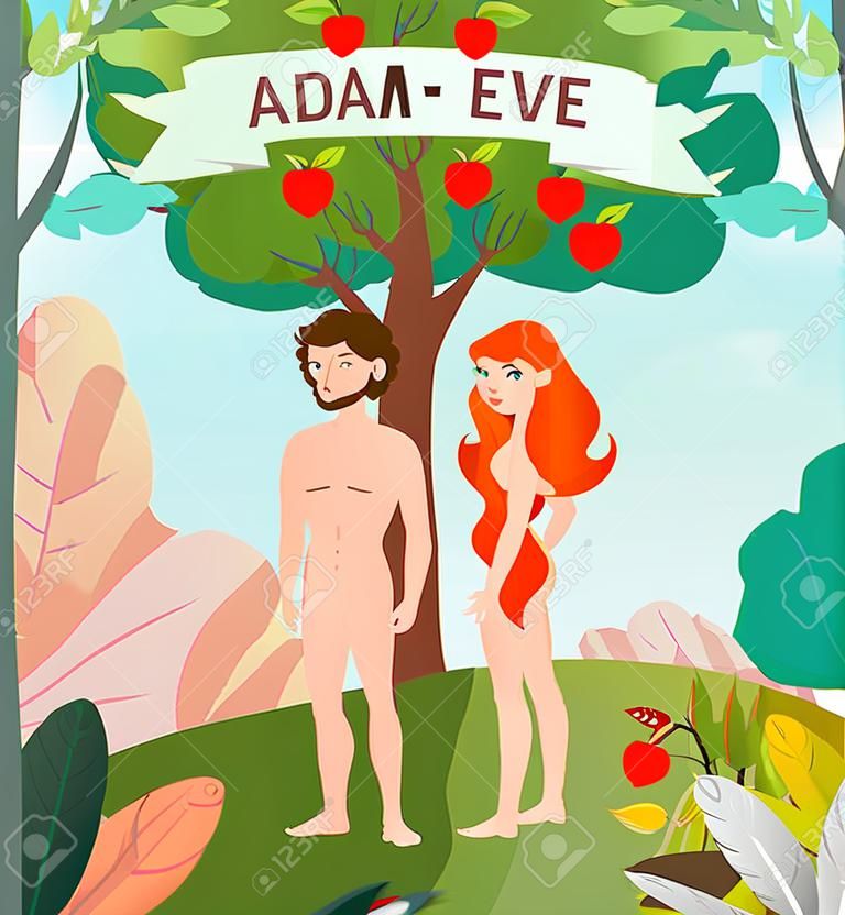 Disegno della storia biblica con illustrazione vettoriale piatta dei simboli di Adamo ed Eva