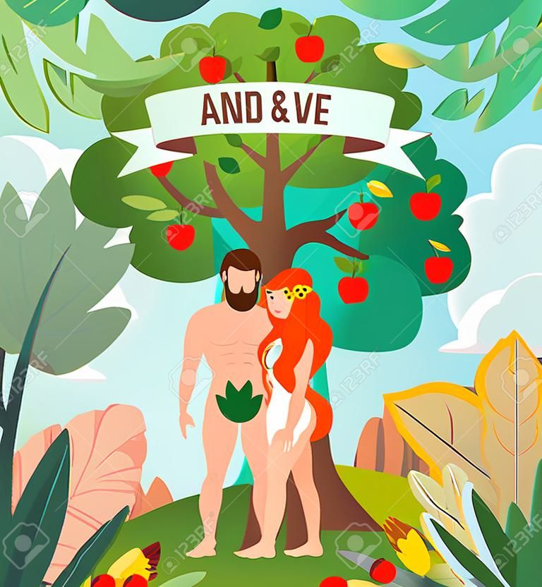 Disegno della storia biblica con illustrazione vettoriale piatta dei simboli di Adamo ed Eva
