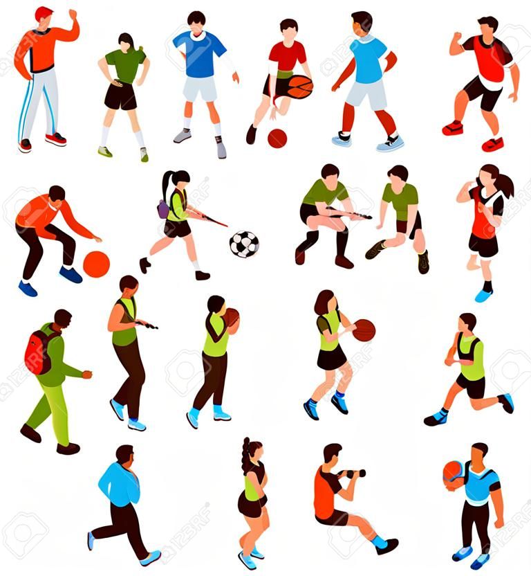 Isometric school sport kids team coach set of isolated human characters with team members and trainers vector illustration
