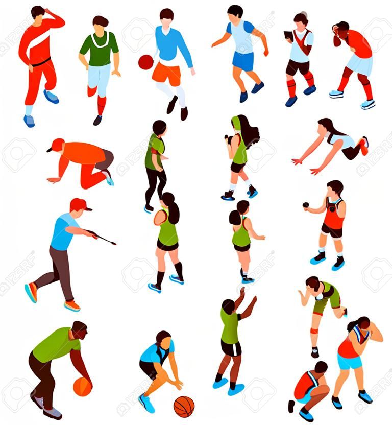 Isometric school sport kids team coach set of isolated human characters with team members and trainers vector illustration