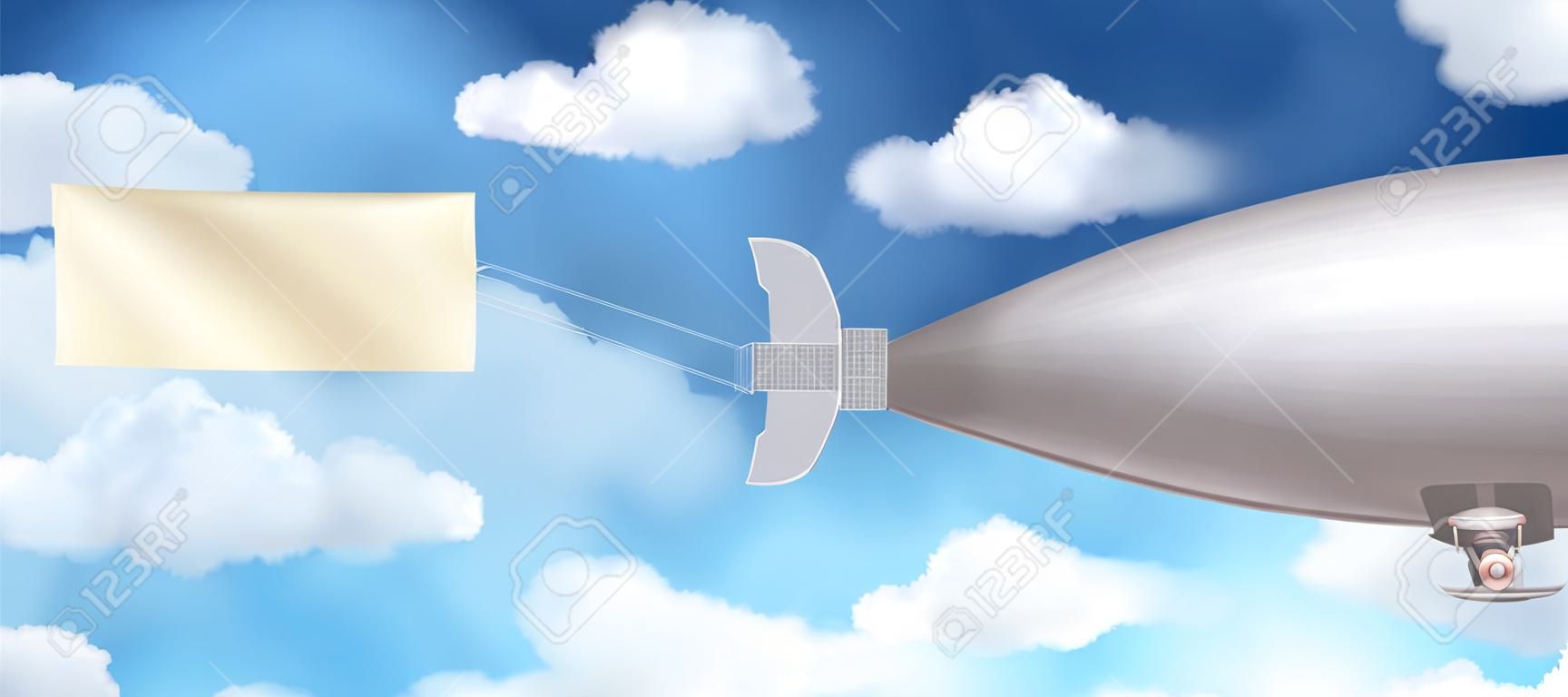 Dirigible airship realistic composition with banner and clouds in the sky vector illustration