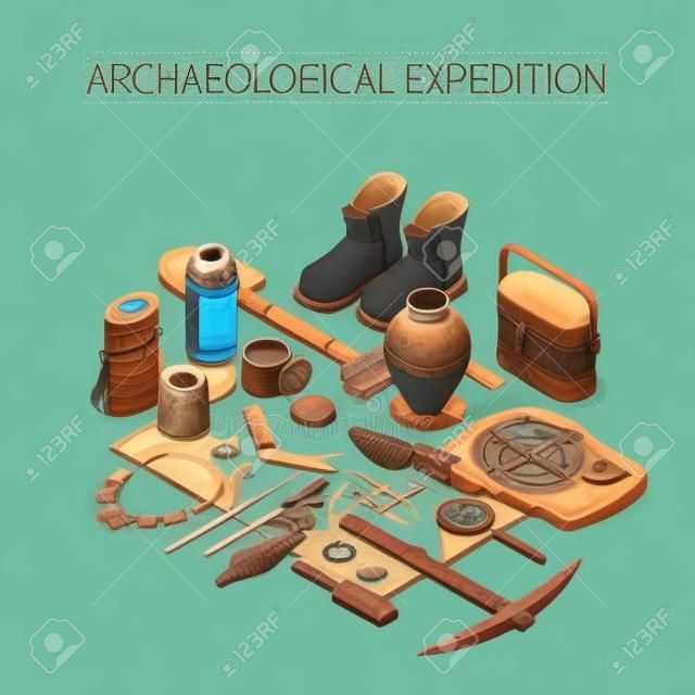 Archaeological expedition  concept with ancient remains and artifacts symbols isometric vector illustration