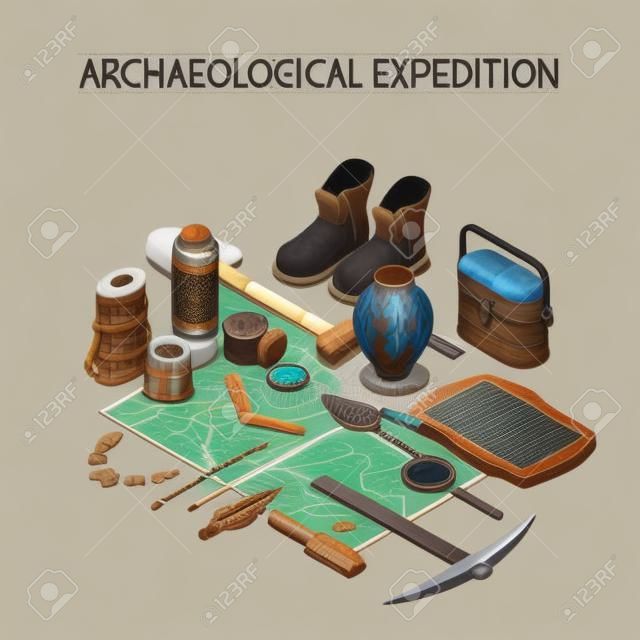 Archaeological expedition  concept with ancient remains and artifacts symbols isometric vector illustration