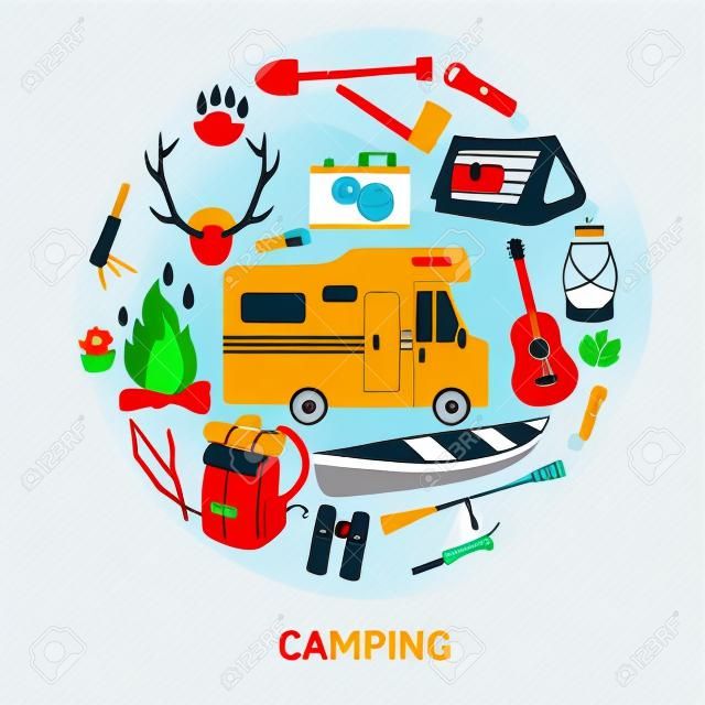 Tourist camping decorative icons set in circle shape with travel tools house trailer boat isolated vector illustration