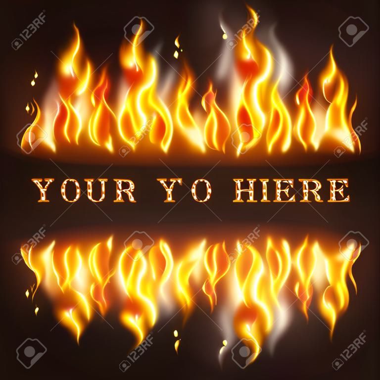 Realistic fire flame with reflection sparkles and place for text on black background vector illustration
