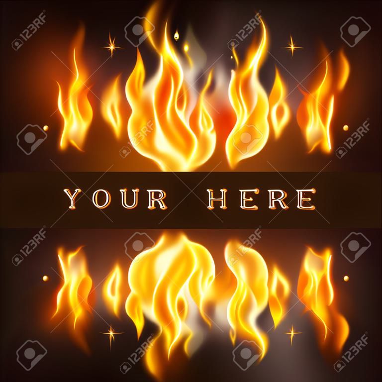 Realistic fire flame with reflection sparkles and place for text on black background vector illustration