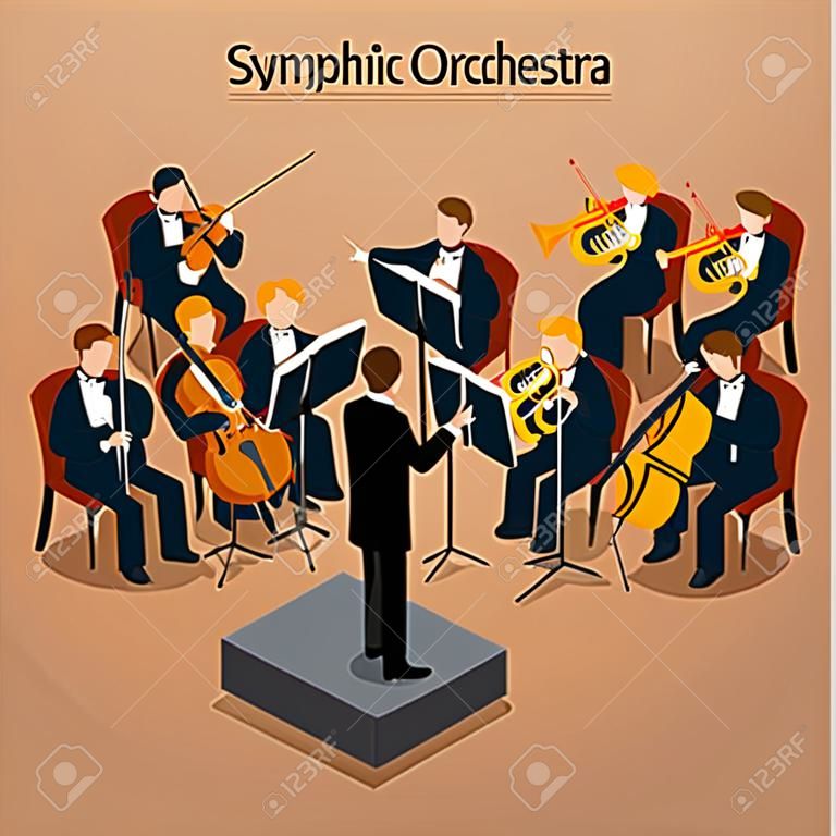 Orkiestra symfoniczna. koncert muzyczny i symfonia dźwiękowa, rytm instrumentalny, ilustracja wektorowa