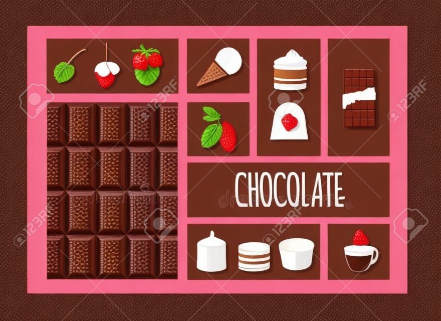 초콜릿 아이스크림 사탕 케이크 코코아 열매 커피 컵과 초콜릿 바 배경 벡터 일러스트와 함께 평평한 달콤한 제품 구성
