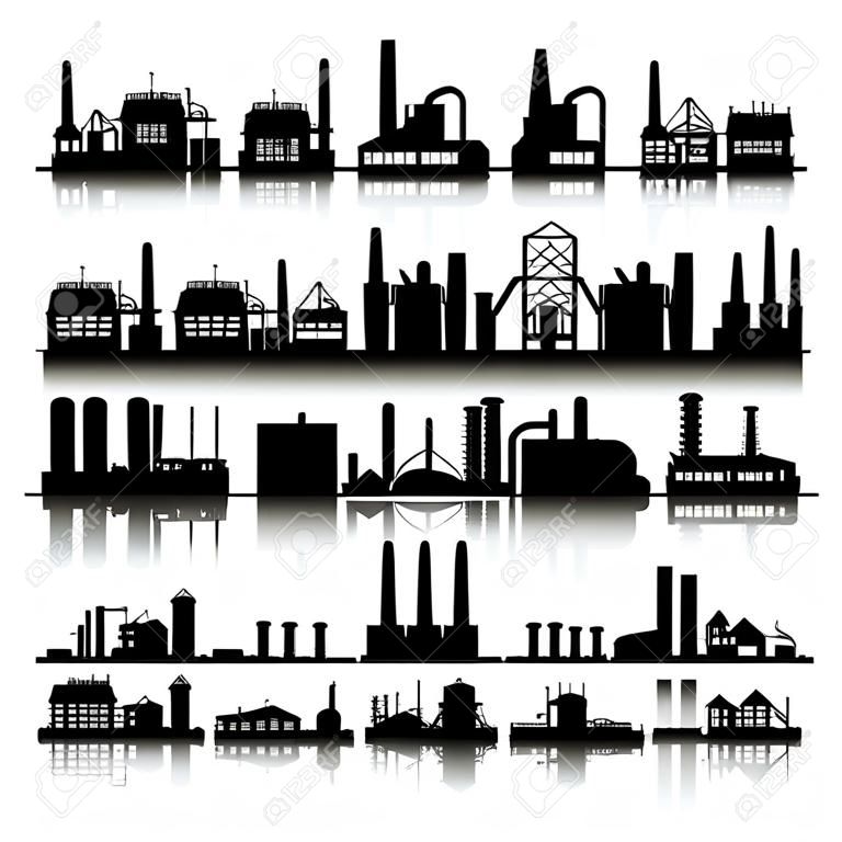 Industrial buildings silhouettes. Construction industry town set. Vector illustration