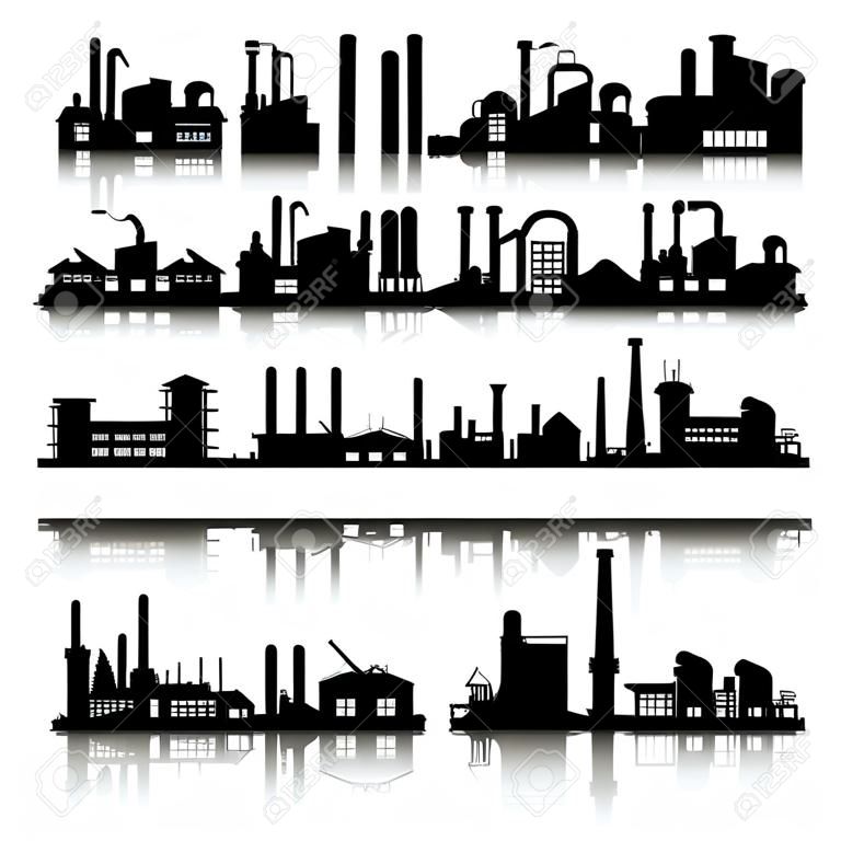 Siluetas de edificios industriales. Conjunto de ciudad de la industria de la construcción. ilustración vectorial