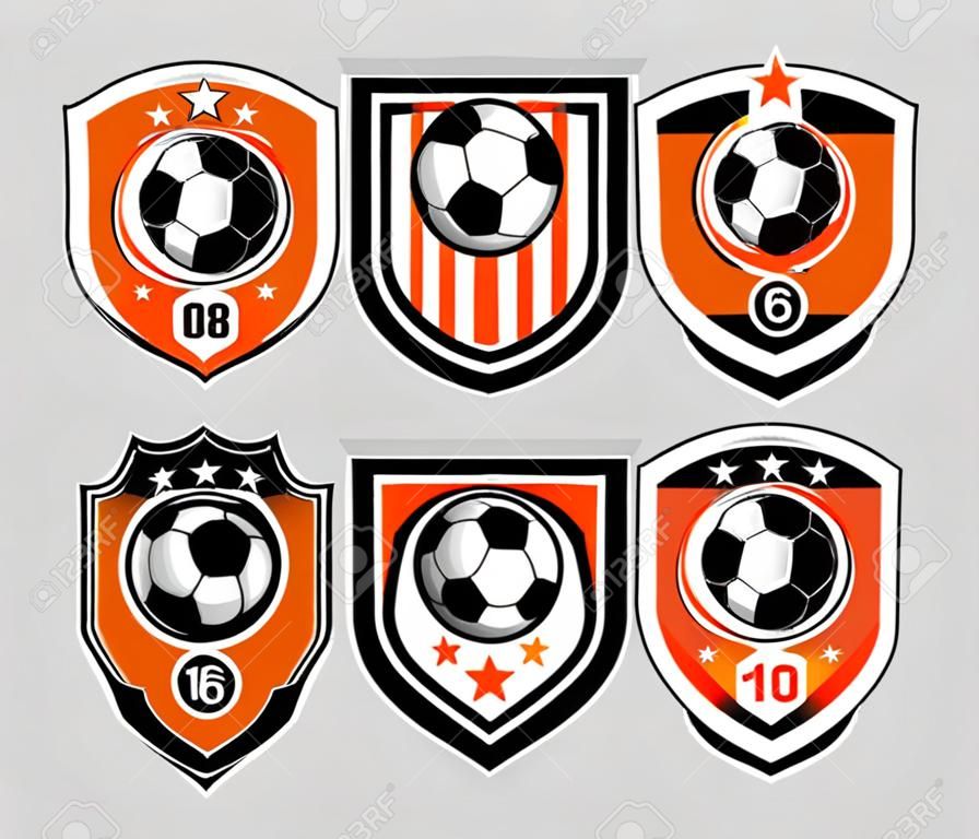 Conjunto de emblemas y etiquetas de vectores de color de fútbol y fútbol. Equipo de fútbol de etiqueta, etiqueta de equipo de fútbol, club de fútbol deportivo, ilustración de juego de fútbol de insignia