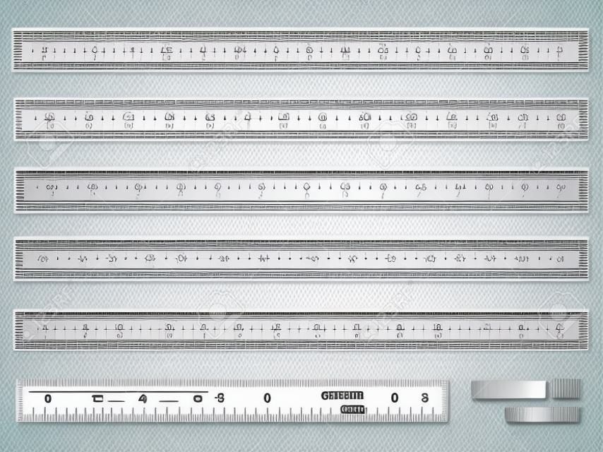 Measuring tape in centimeters and inches vector set. Equipment ruler instrument illustration