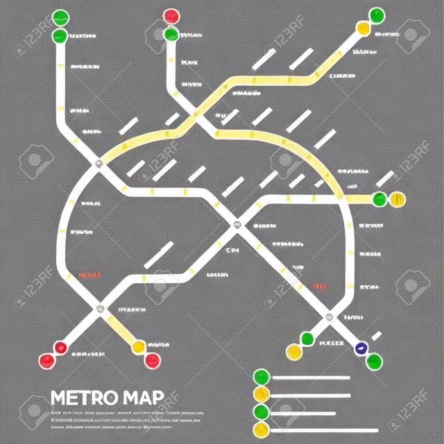 Metropolitana, modello vettoriale della mappa della metropolitana. Illustrazione dello schema di trasporto sotterraneo urbano