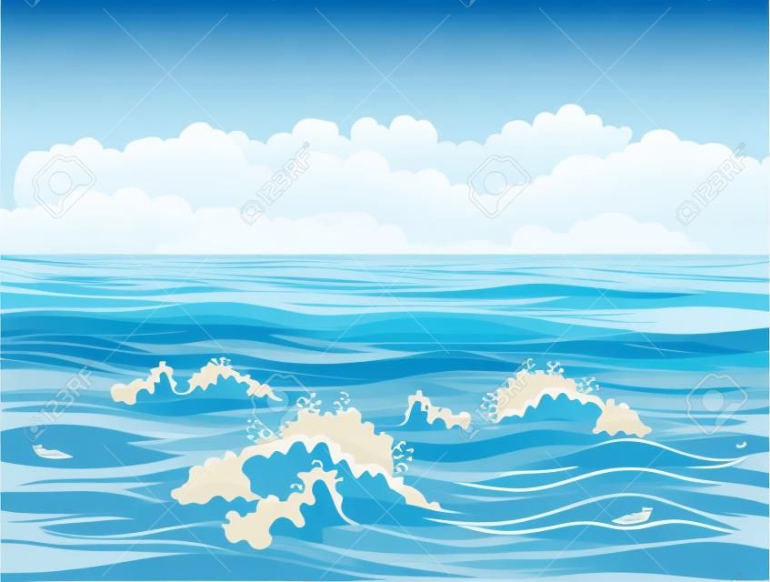 Spokojna powierzchnia morza lub oceanu z małymi falami i płaską ilustracją wektorową błękitnego nieba