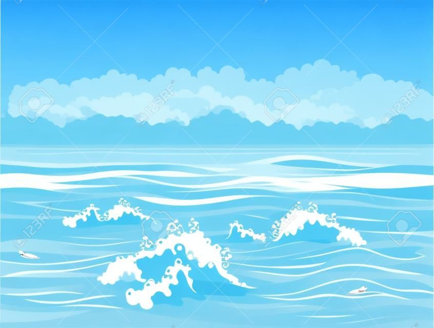 Spokojna powierzchnia morza lub oceanu z małymi falami i płaską ilustracją wektorową błękitnego nieba