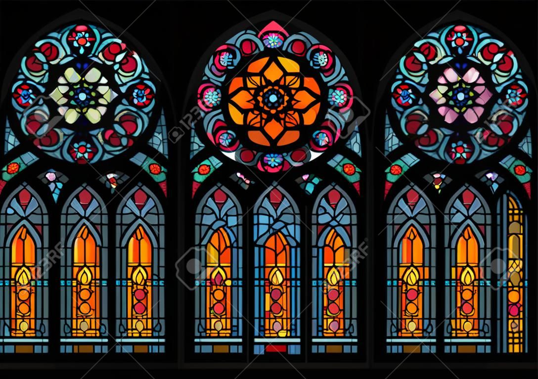 暗い背景の教会のステンドグラスのカラフルなモザイク大聖堂の窓美しいインテリアビュークローズアップベクトルイラスト