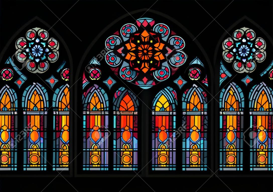 Stained glass colorful mosaic cathedral windows on dark background church beautiful interior view closeup vector illustration