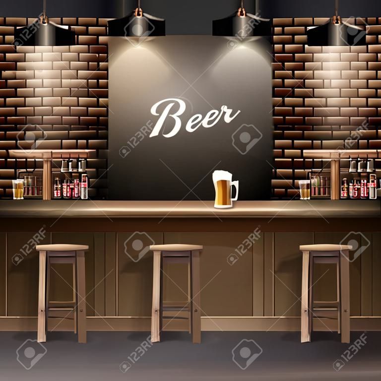 Realistyczne elementy pubu ustawione z kuflem piwa na ladzie barowej lampa menu drewniana beczka spienionego napoju butelki alkoholu krzesła ilustracji wektorowych