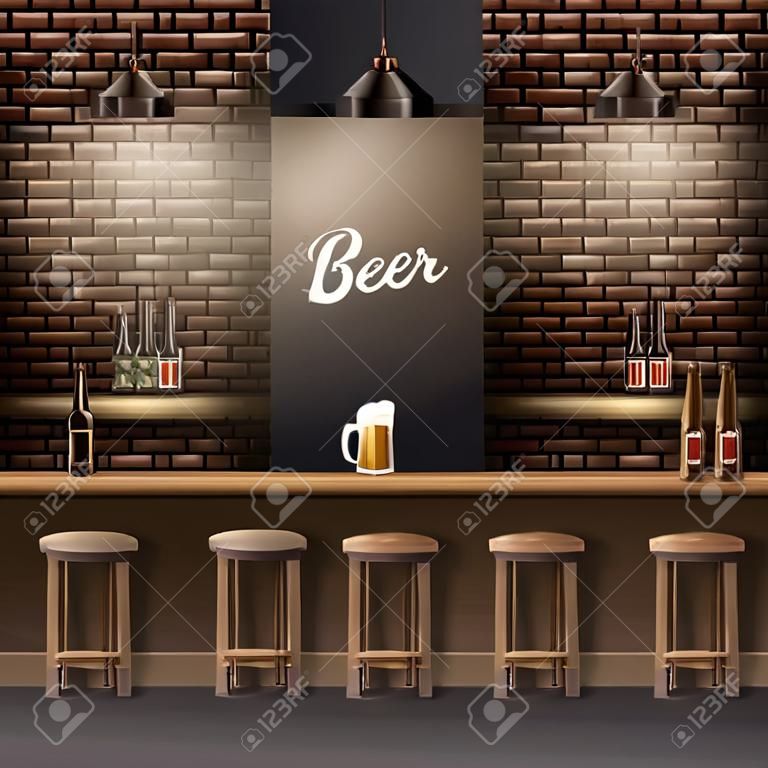 Realistyczne elementy pubu ustawione z kuflem piwa na ladzie barowej lampa menu drewniana beczka spienionego napoju butelki alkoholu krzesła ilustracji wektorowych
