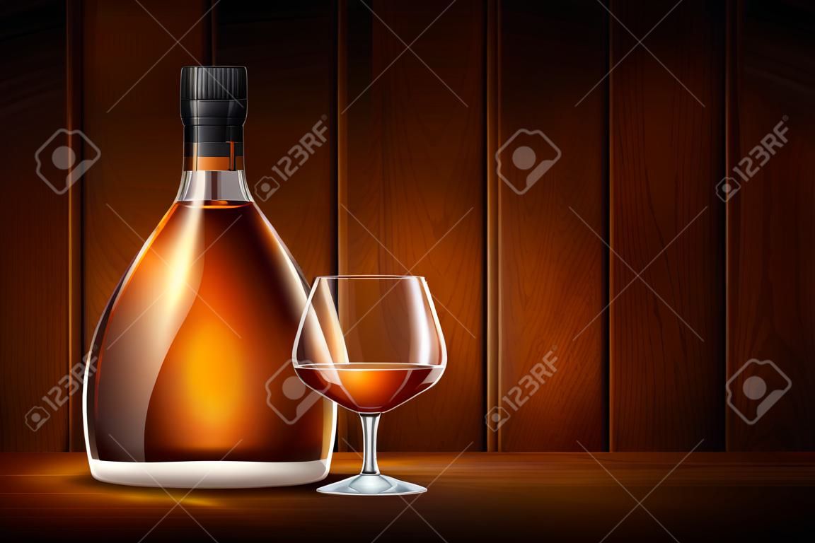 Composizione realistica delle bottiglie di vetro del whisky del cognac del brandy con le pareti di legno e la bottiglia d'ardore alla moda con l'illustrazione di vettore di vetro