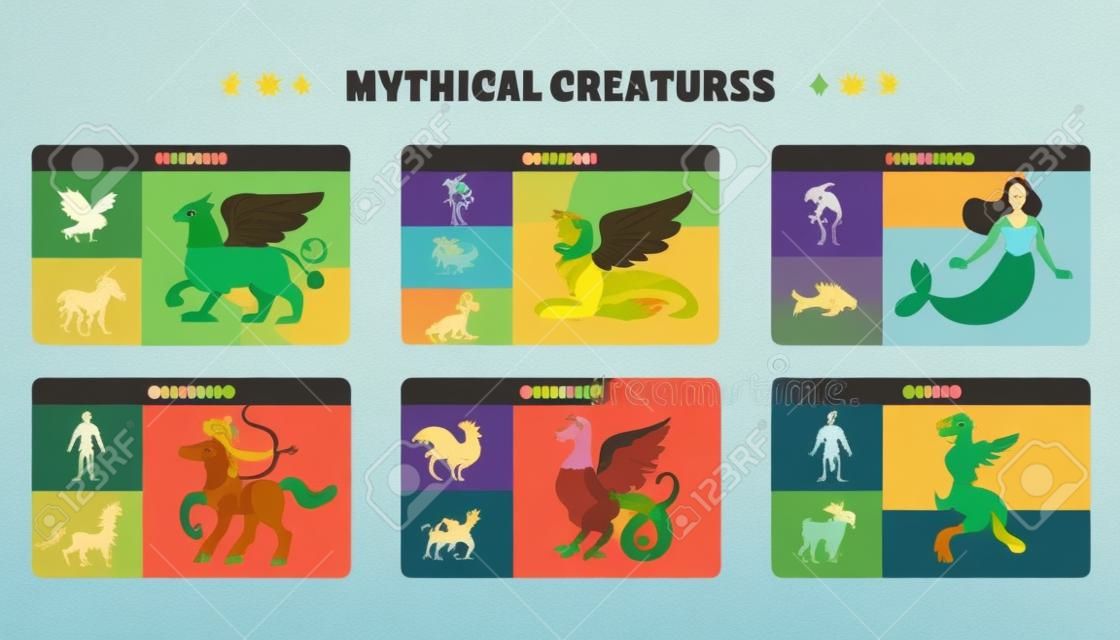 Mythical creatures flat infographic set of compositions with griffin sphinx mermaid centaur basilisk and satyr cards vector illustration