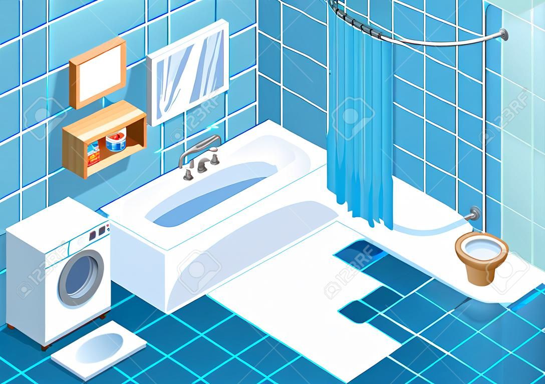 Bathroom isometric design with white bathtub toilet washbasin washing machine towels and cosmetic products on shelf 3d vector illustration