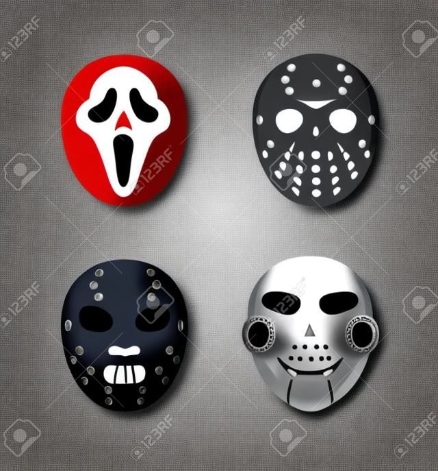 Conjunto de máscaras de personagens de filmes de terror. Máscaras como o rosto fantasma, Jason Voorhees, Hannibal, Serra. Ilustração vetorial de um conjunto de máscaras para halloween.