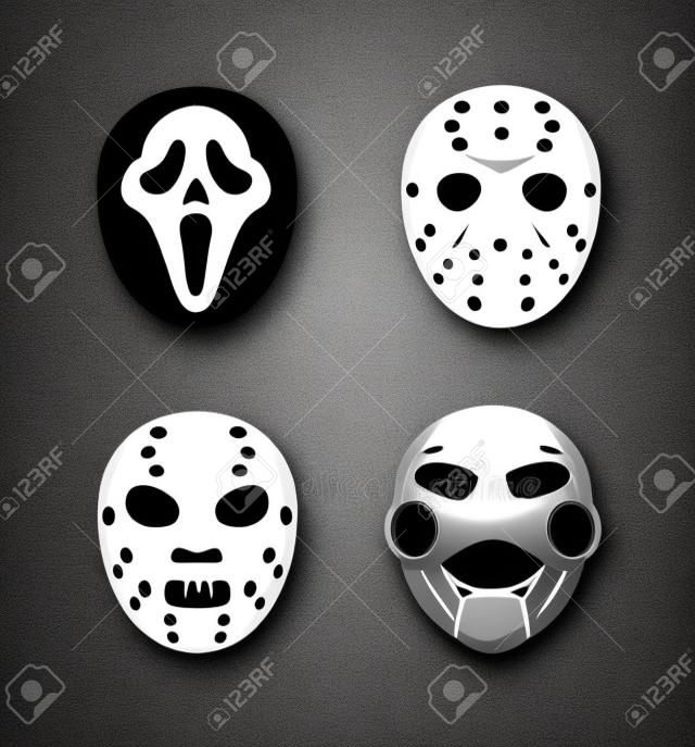 Horror film personages maskers set. Maskers zoals spook gezicht, Jason Voorhees, Hannibal, Saw. Vector illustratie van een set van maskers voor Halloween.