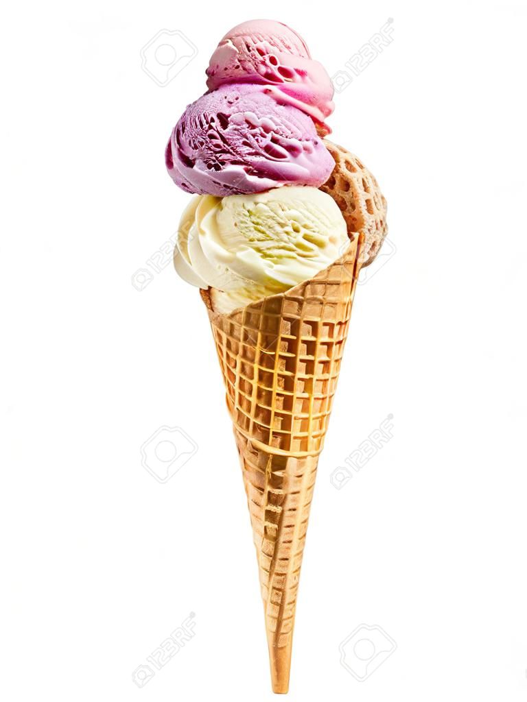 colored ice cream in waffle cone isolated on white background