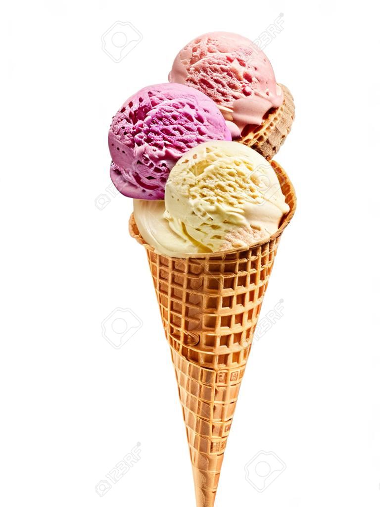 colored ice cream in waffle cone isolated on white background