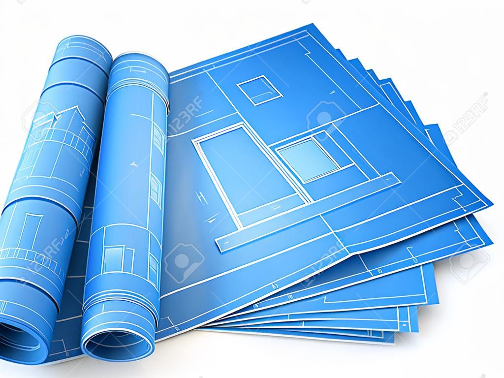 3d illustration of rolled blueprints of house