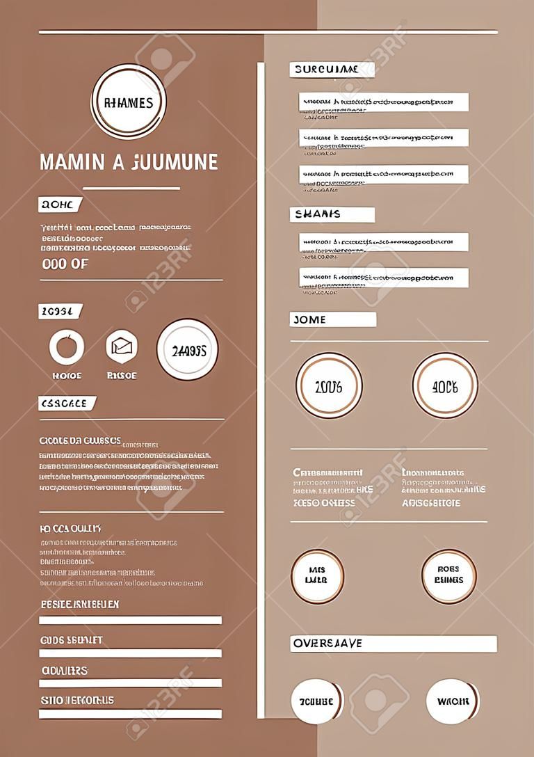 Clean and modern Resume CV Template with Icons, white background and brown elements, 