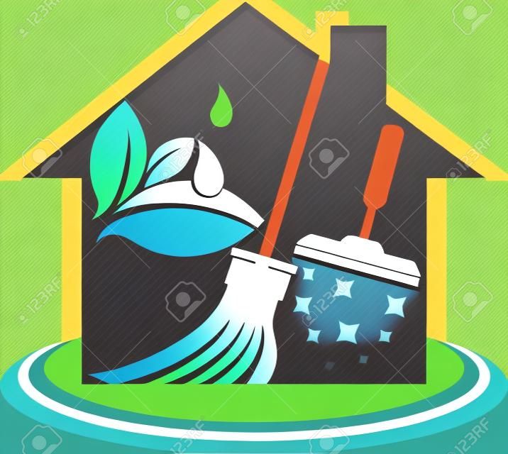 Illustratie kunst van een huis schoonmaak service pictogram met geïsoleerde achtergrond