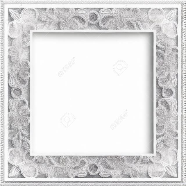 Abstract square lace frame with paper swirlse, white ornamental background
