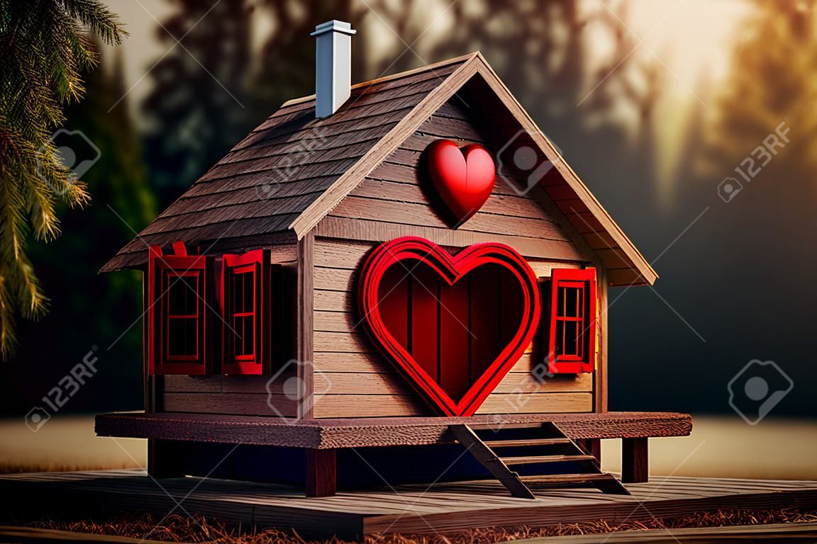 Wooden house with a red heart on a background of the forest