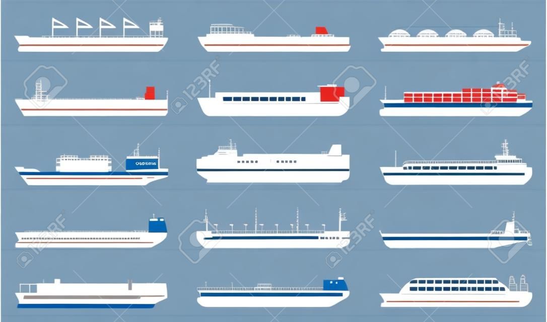 Lastkahn-Vektor-Cartoon-Set-Symbol. Vektorillustrationsfrachtschiff auf weißem Hintergrund. Cartoon set Icons Lastkahn.