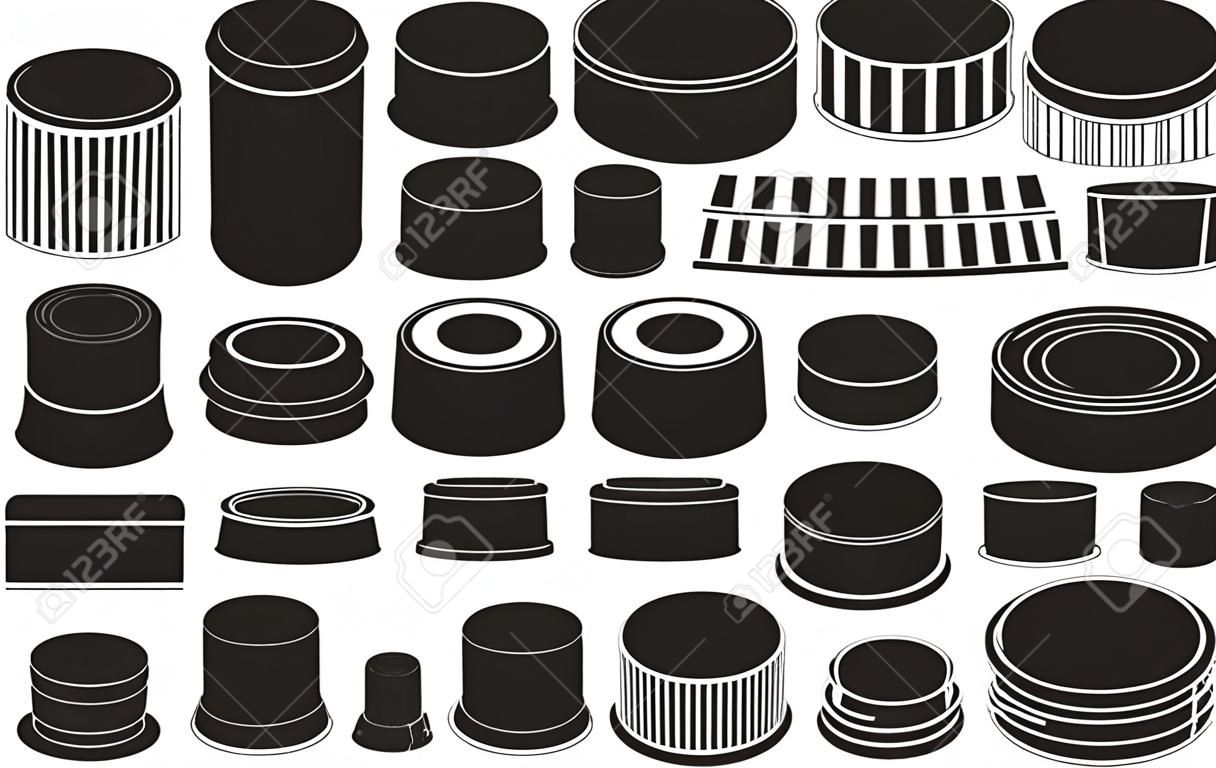 Icona set nero isolato tappi di bottiglia. icona nera set coperchio del coperchio. Tappi di bottiglia di illustrazione vettoriale su sfondo bianco.