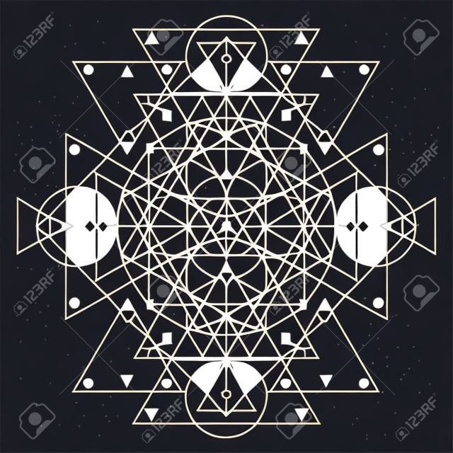 vector illustration / white abstract sacred geometry background with triangles geometrical shapes on dark night sky background